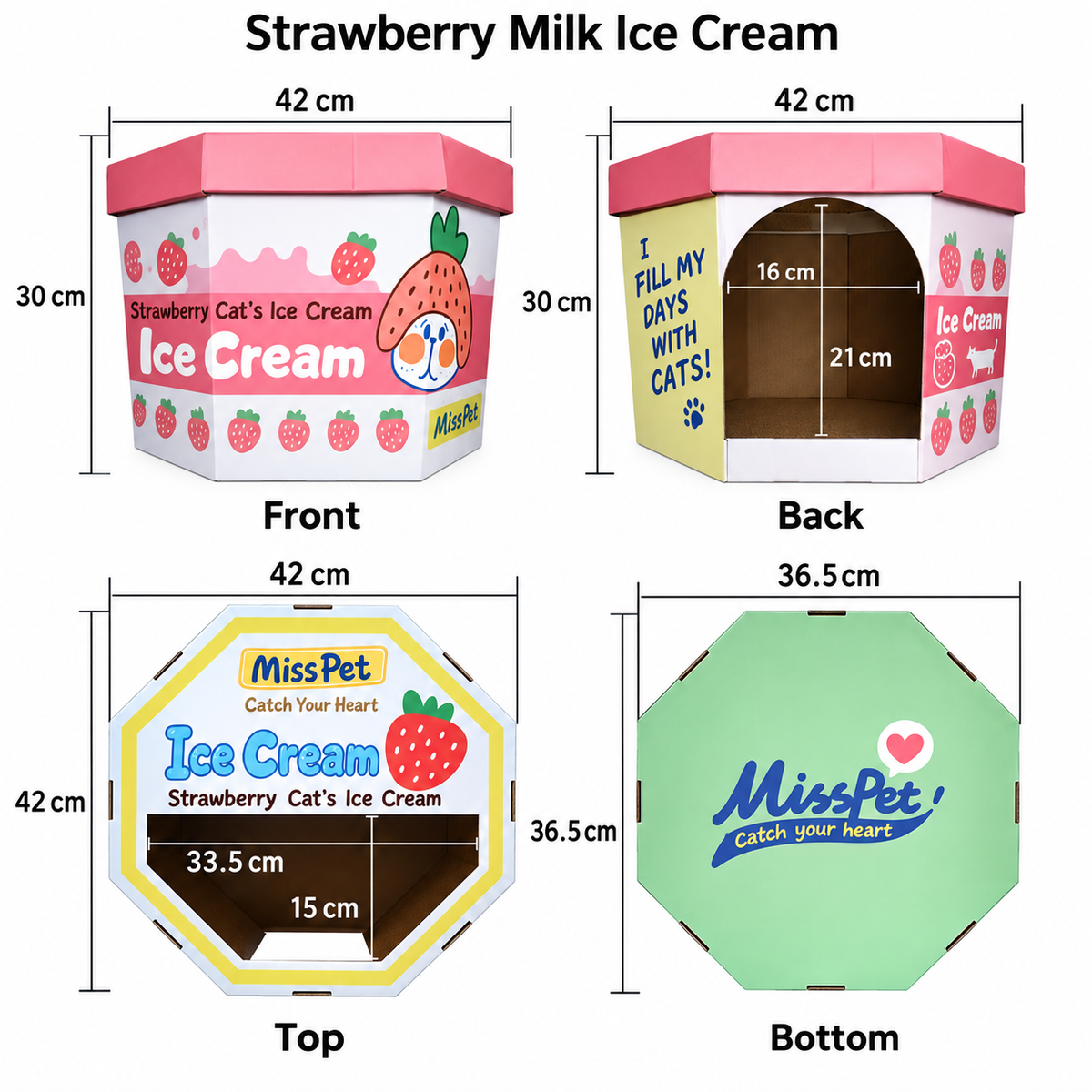 Misspet Ice-cream Box Cat Scratcher - Strawberry pink dimensions and four views