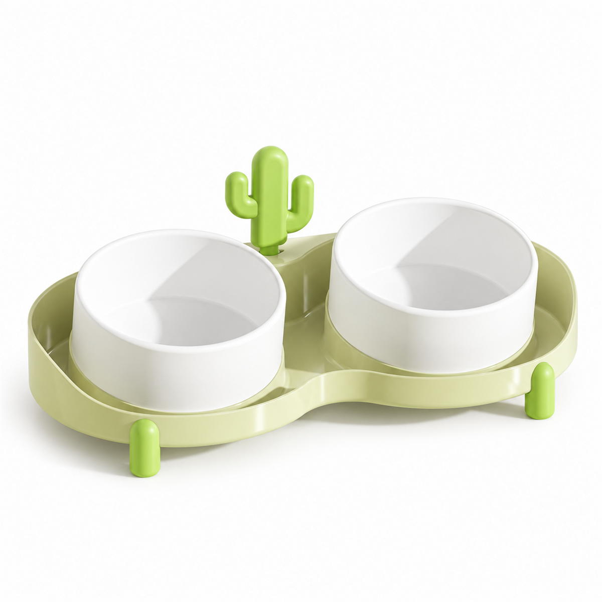 Green anti-spill dual pet bowls with raised rims and fixed base