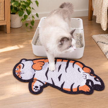 Cat stepping onto a PurLab Fat Tiger cat litter mat beside a litter box [Gallery: Shared]