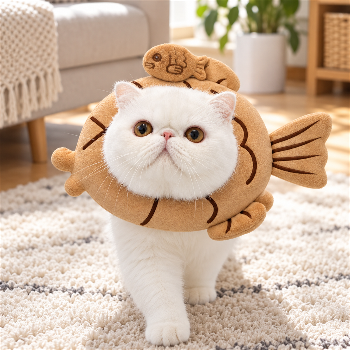 Bigger Fish taiyaki cat Elizabeth collar - real cat wearing scene