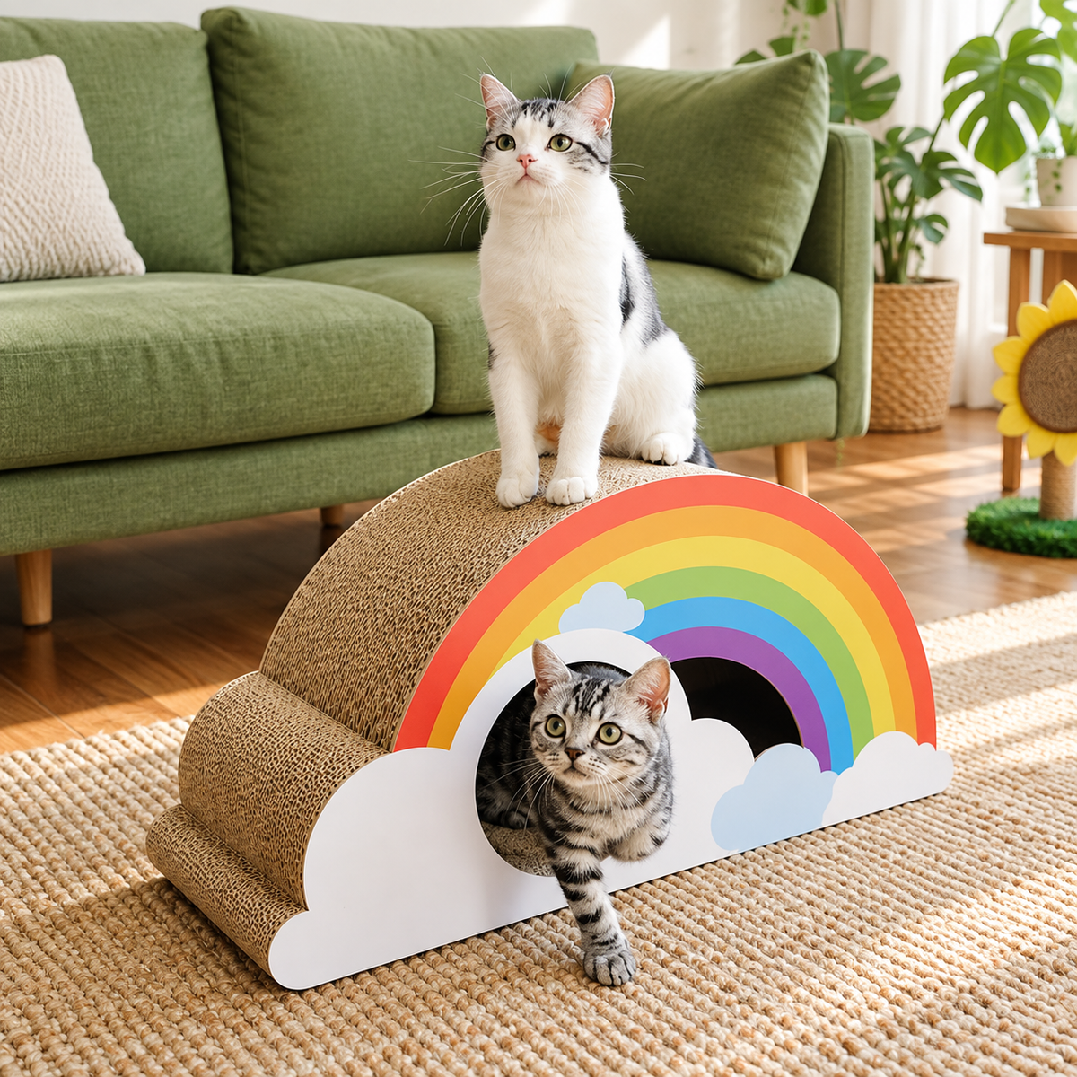 Revised | Rainbow Cat Scratcher Cardboard 2-in-1 Multifunctional Cat Scratcher Lounge Bed Cat Scratching Pad for Indoor Cats as Furniture Protector Cat Training Toy gallery image 02 | square composition