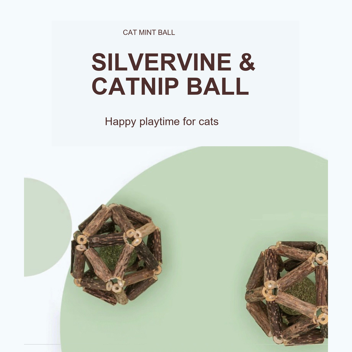 Silvervine and catnip ball cat toy on a green background