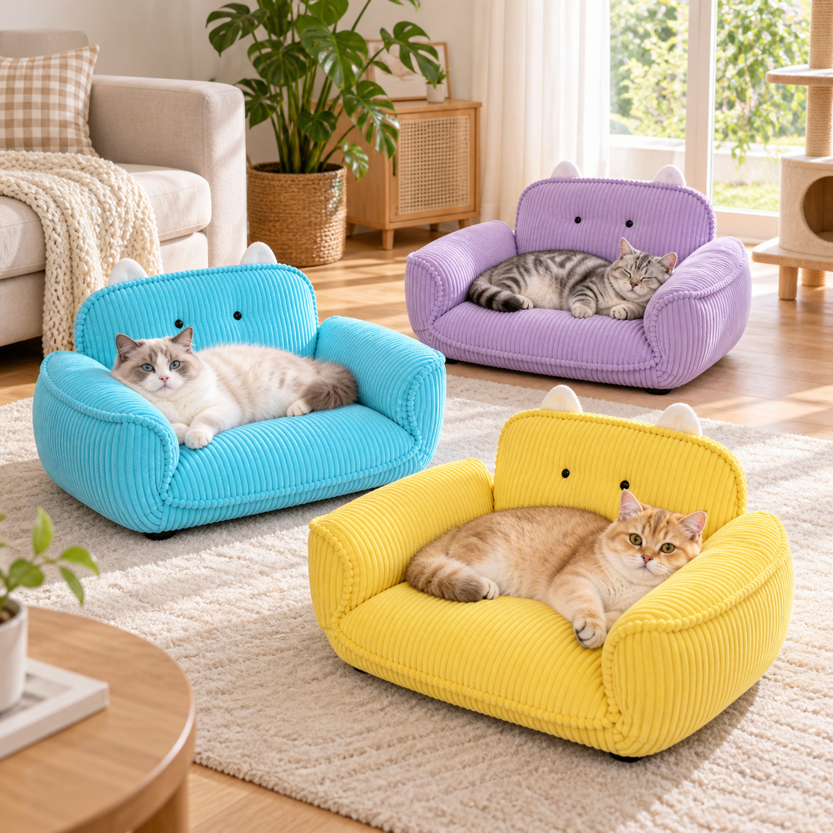 K.1 Audrey Pet Sofa in blue, purple, and lemon yellow shown in a bright home scene [Gallery: Shared]