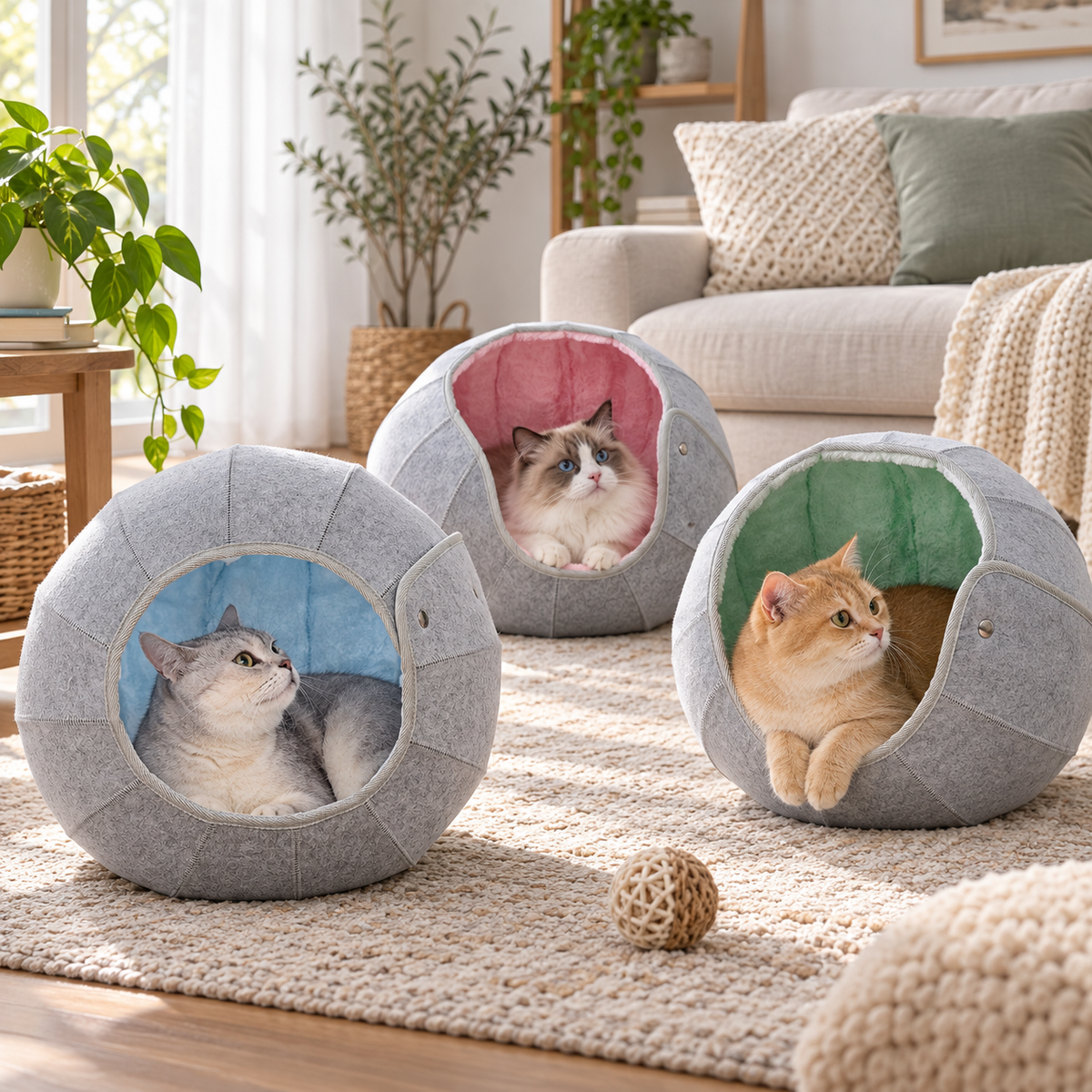 K.1 D.Ball Cat Bed in gray with blue, pink, and green linings shown in a cozy home scene [Gallery: Shared]