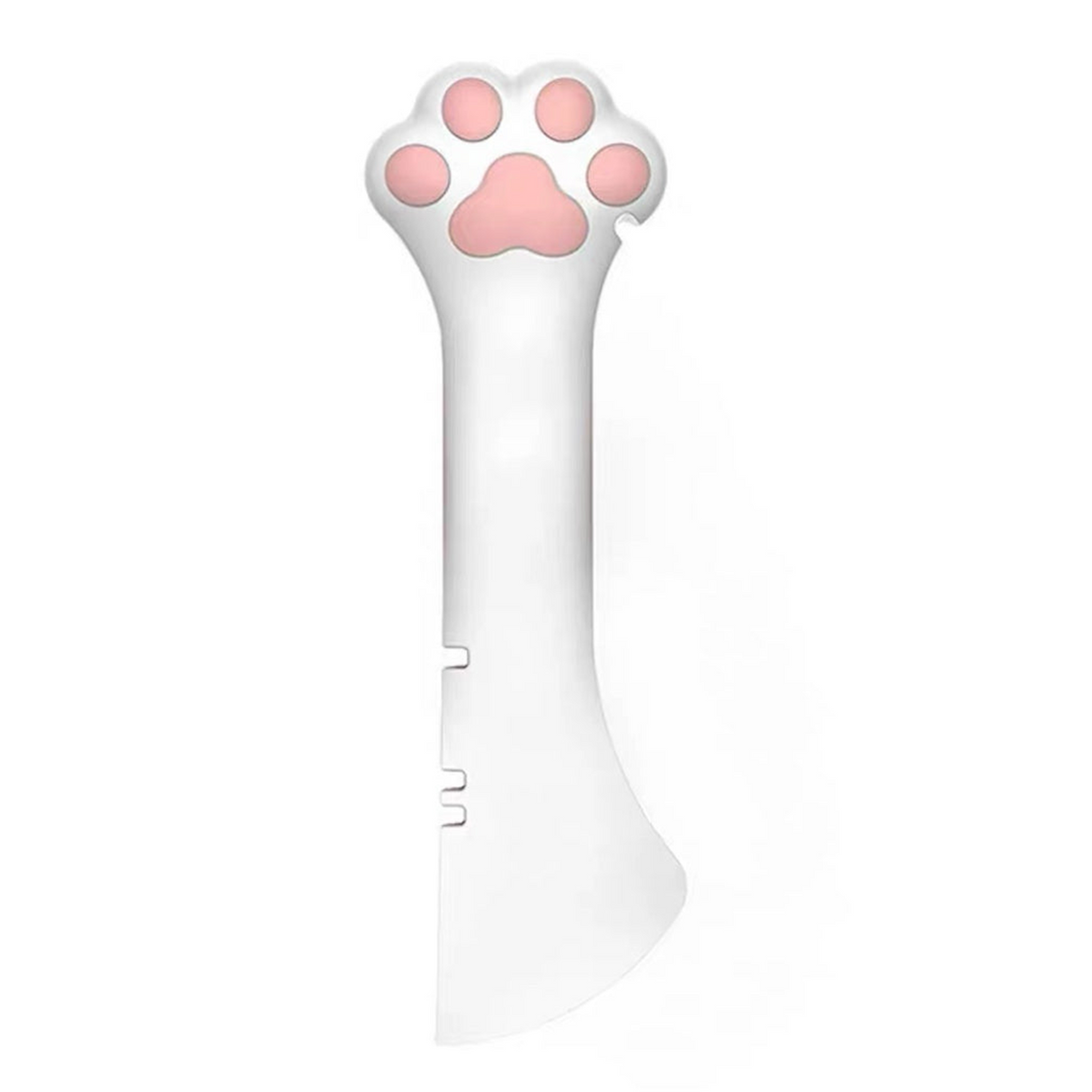 White paw-shaped manual pet food can opener on a white background