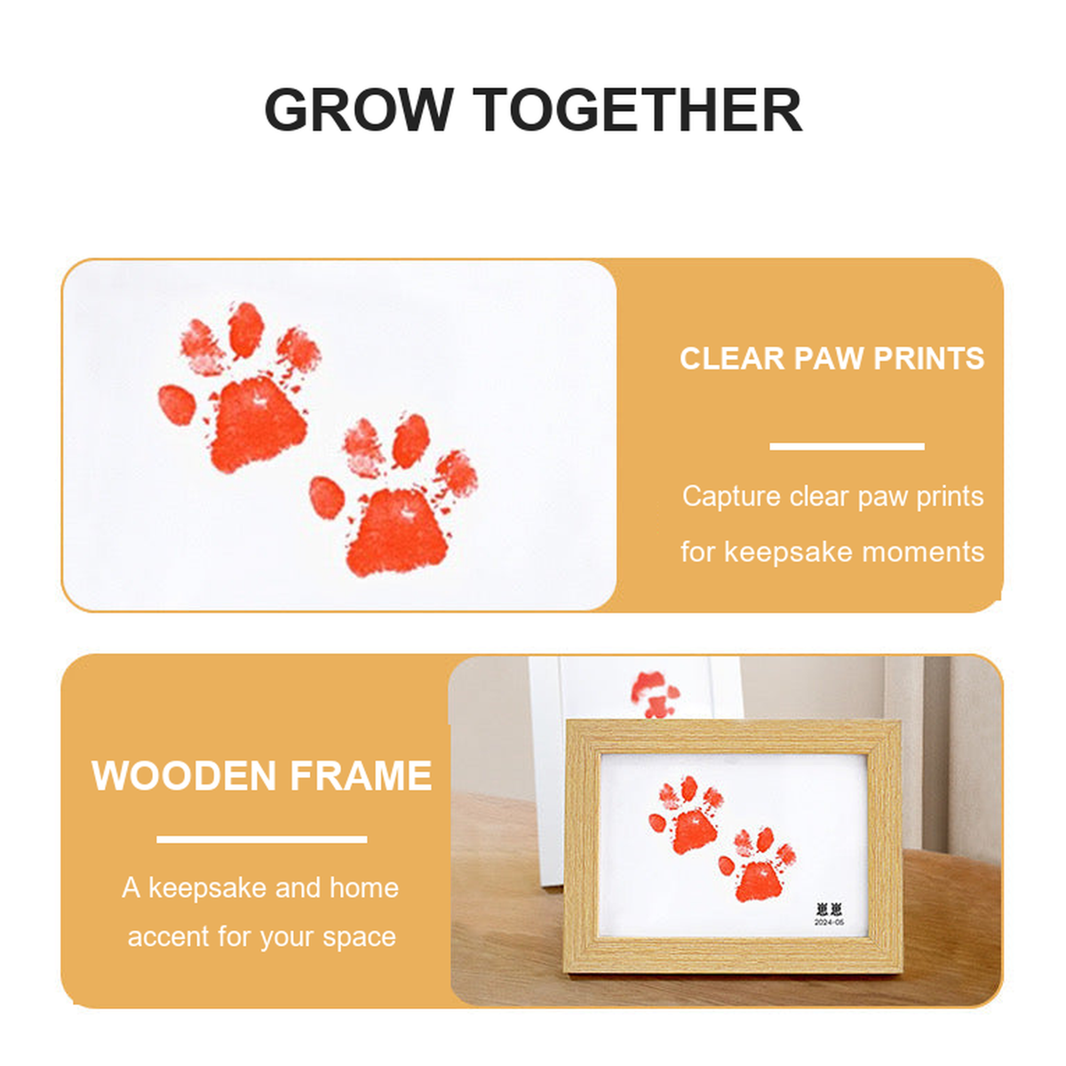 No-wash paw print kit with wooden keepsake frame
