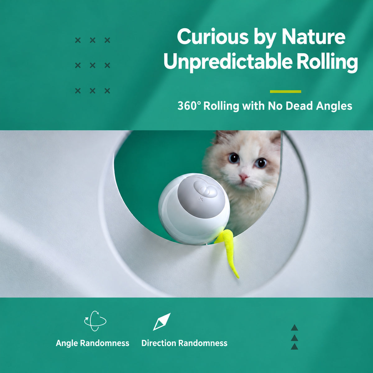 Aiwo interactive rolling cat ball toy rolling through a tunnel with a cat