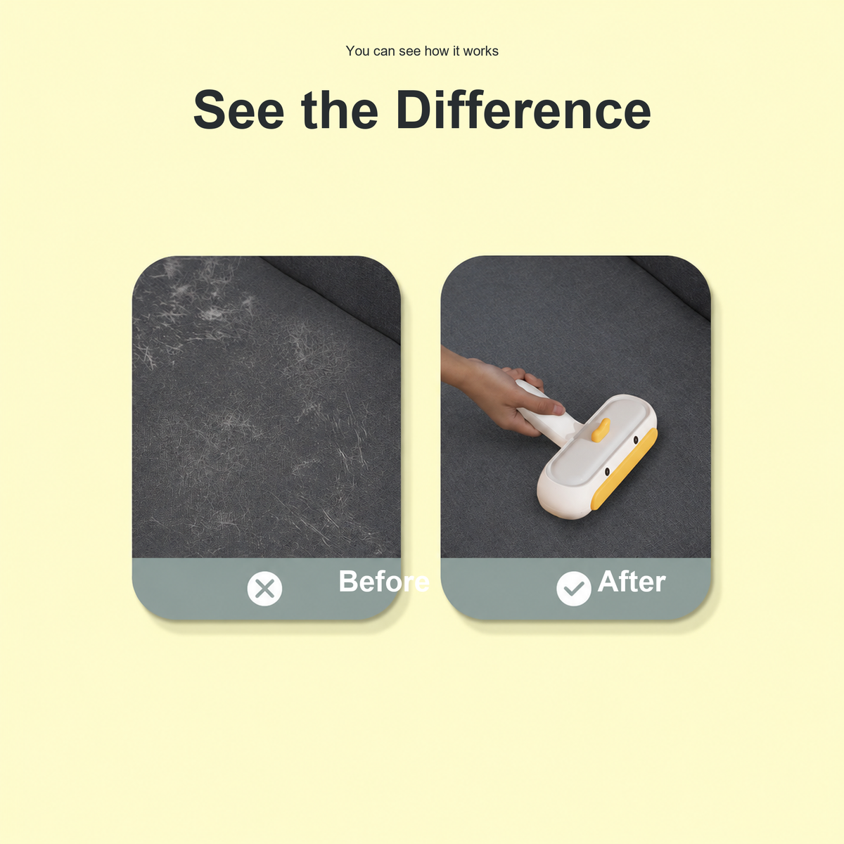 SOURCE REVISION | source-03 | Yellow Duck pet hair remover brush before and after hair removal