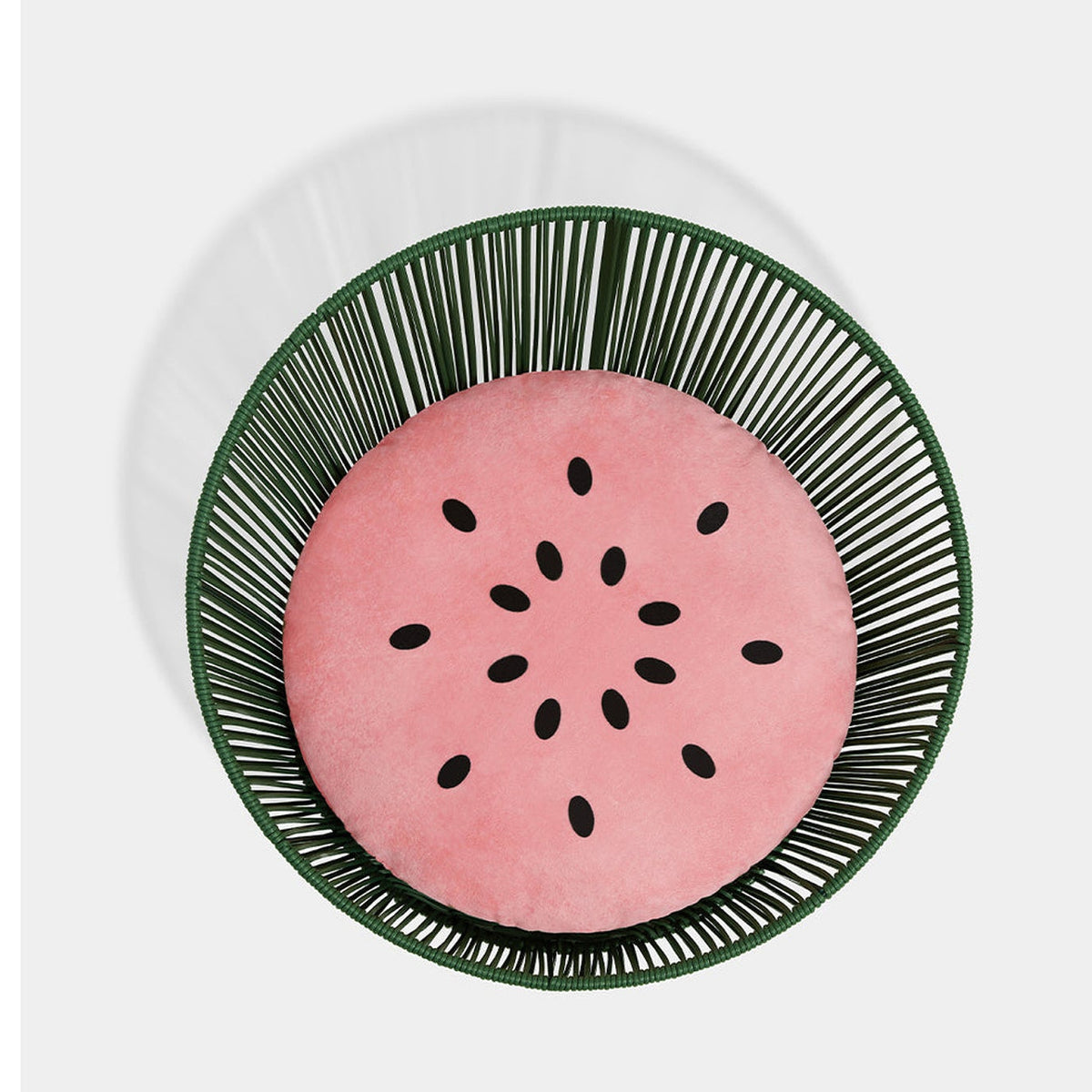 Top view of VETRESKA watermelon rattan pet bed with watermelon cushion, corrected effective square composition [Comparison: corrected after original 3, 2026-09-10]