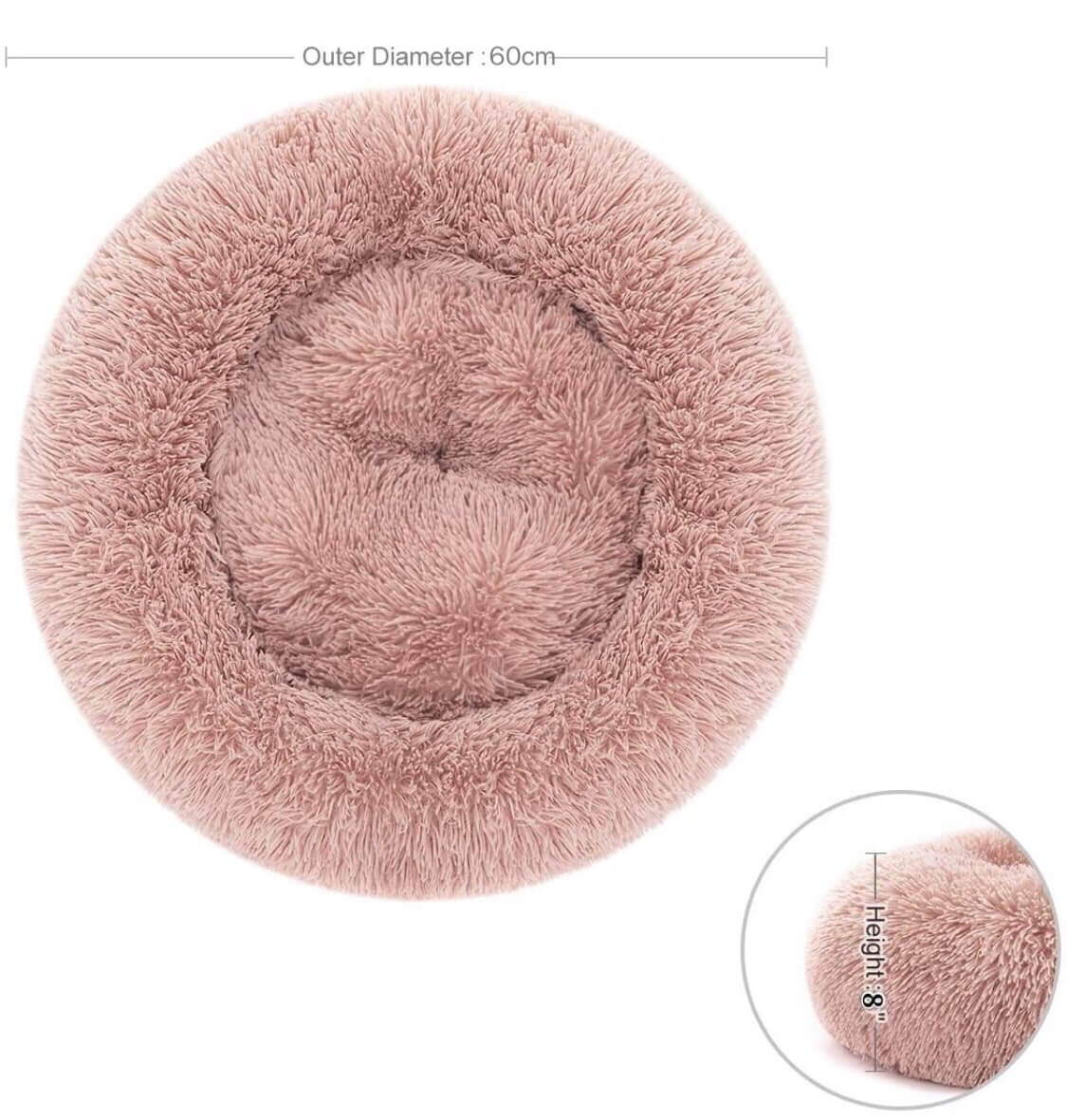 JAMBOREE pink long-haired pet bed size diagram with 60 cm diameter and 8 inch height