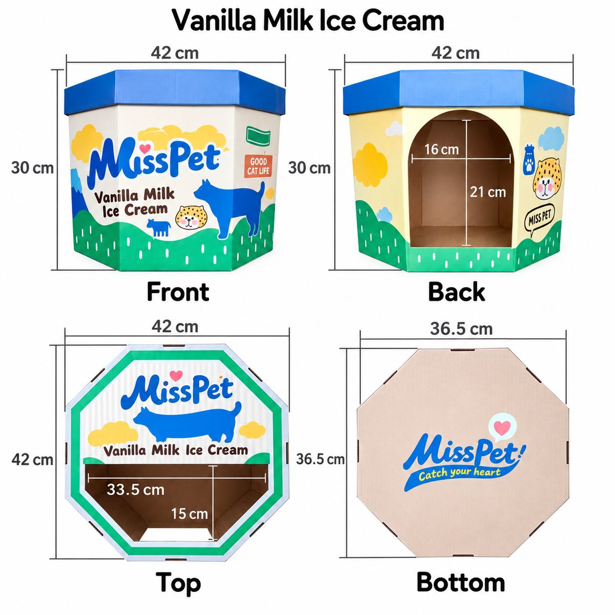 Misspet Ice-cream Box Cat Scratcher - Vanilla blue dimensions and four views
