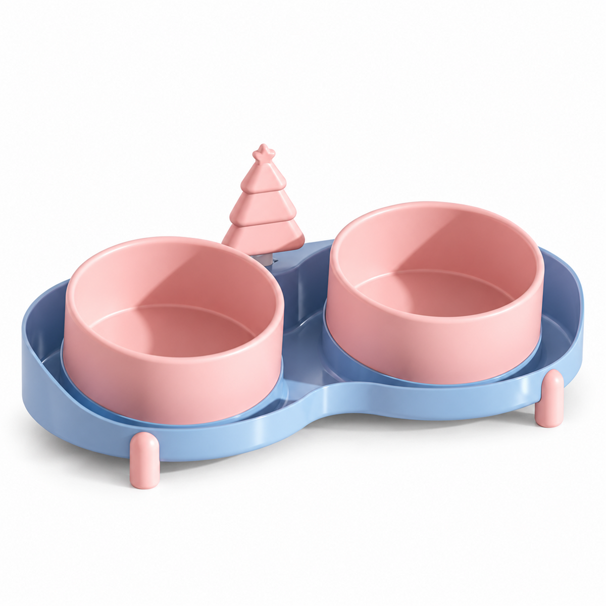 Pink anti-spill dual pet bowls with raised rims and fixed base