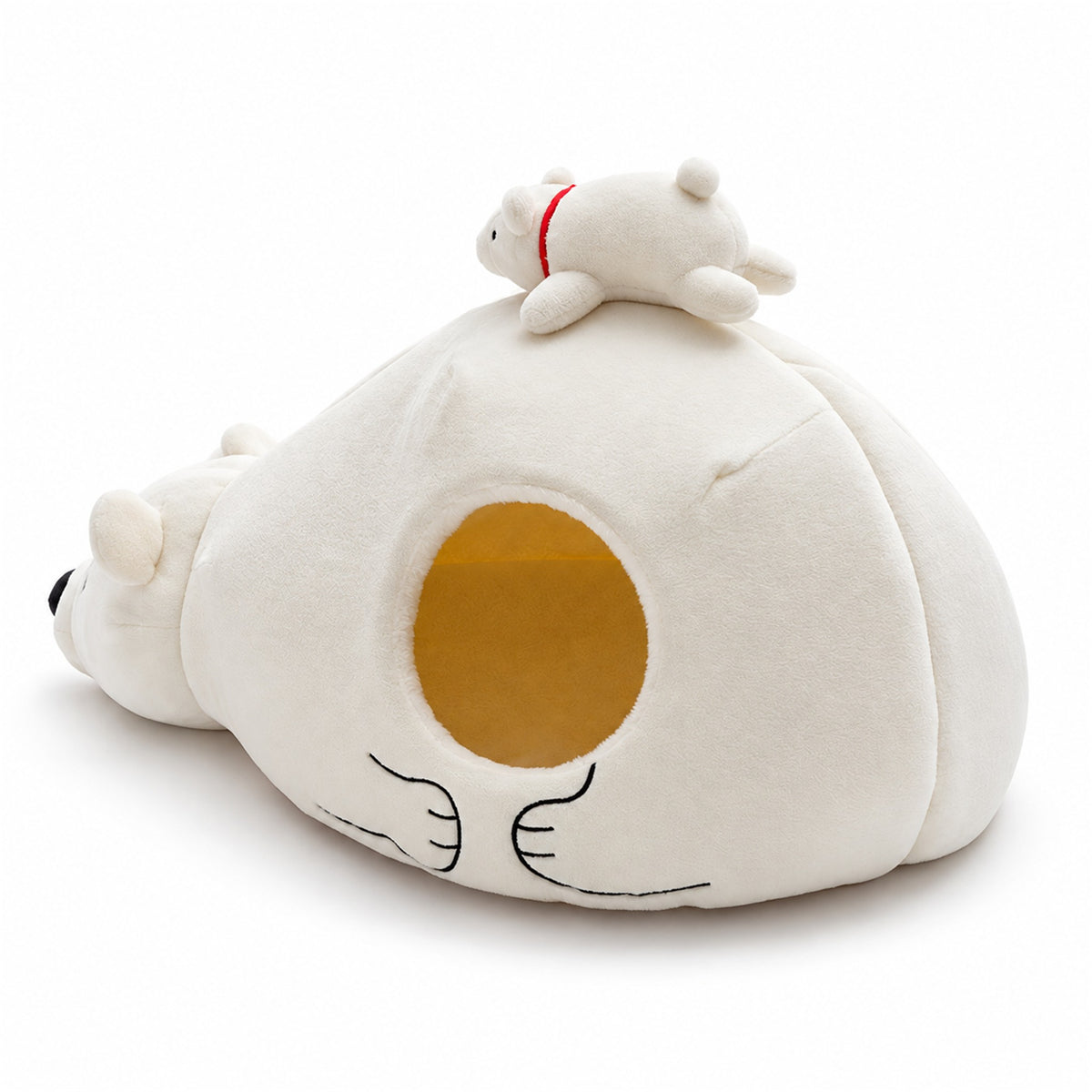 Rear view of a white polar bear pet cave bed with a round opening