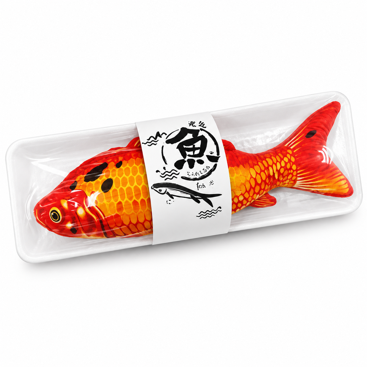 Red koi catnip fish toy in a white tray on a white background [Gallery: Single-SKU White]