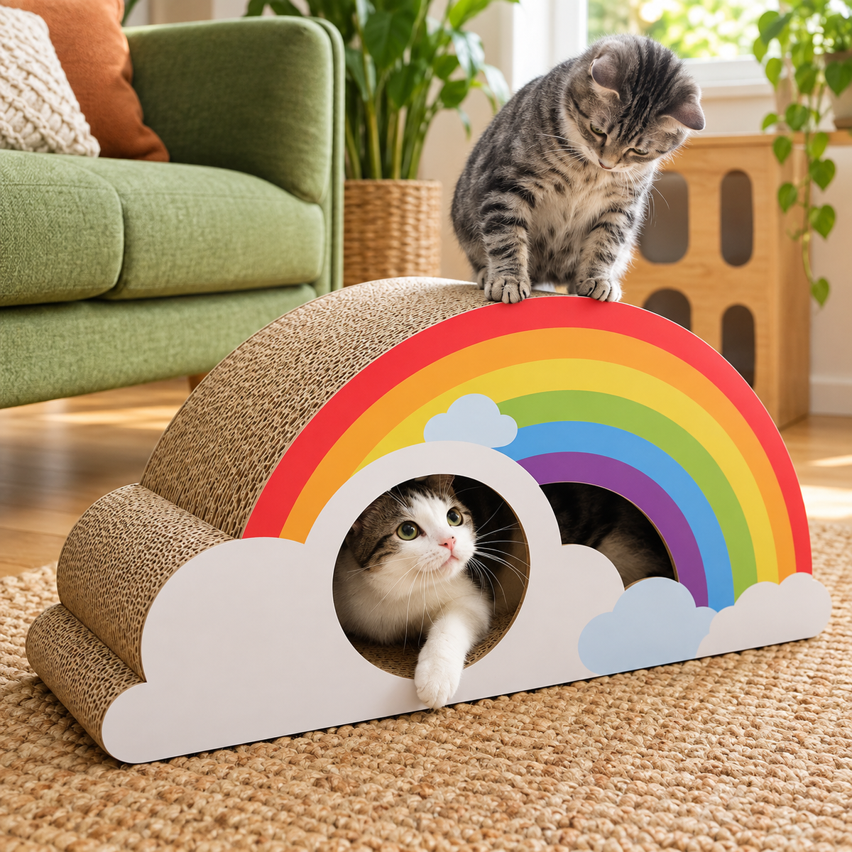 Revised | Rainbow Cat Scratcher Cardboard 2-in-1 Multifunctional Cat Scratcher Lounge Bed Cat Scratching Pad for Indoor Cats as Furniture Protector Cat Training Toy gallery image 03 | square composition