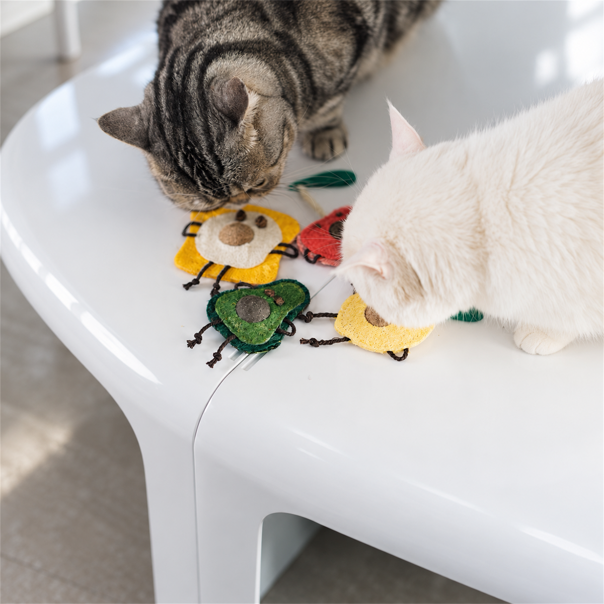 Two cats playing with food-shaped matatabi cat dental toys