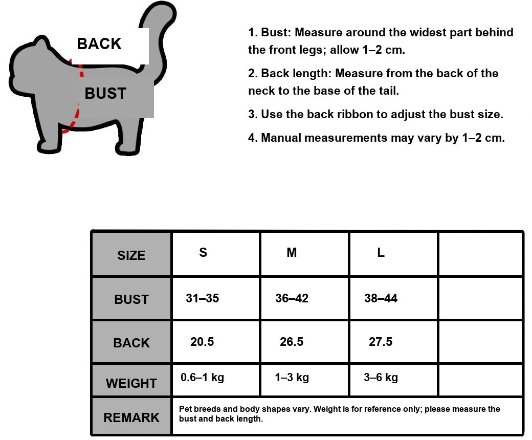 Monin & B1GGERFISH floral pet dress size guide and measurement instructions in English