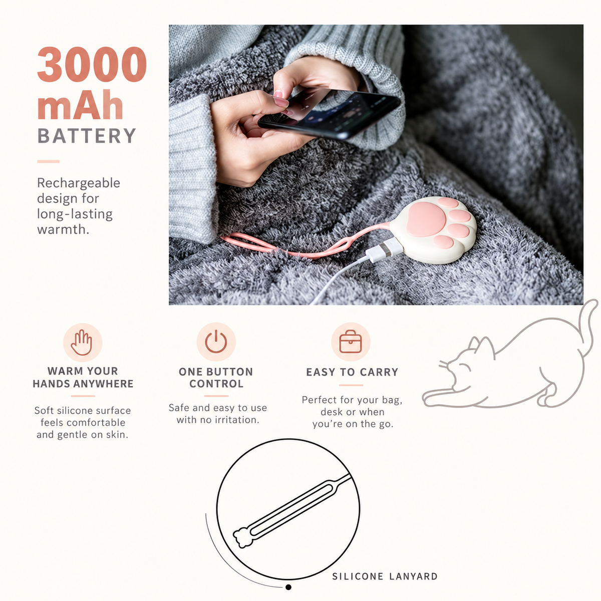 Cat paw rechargeable hand warmer 3000mAh battery details - module 03