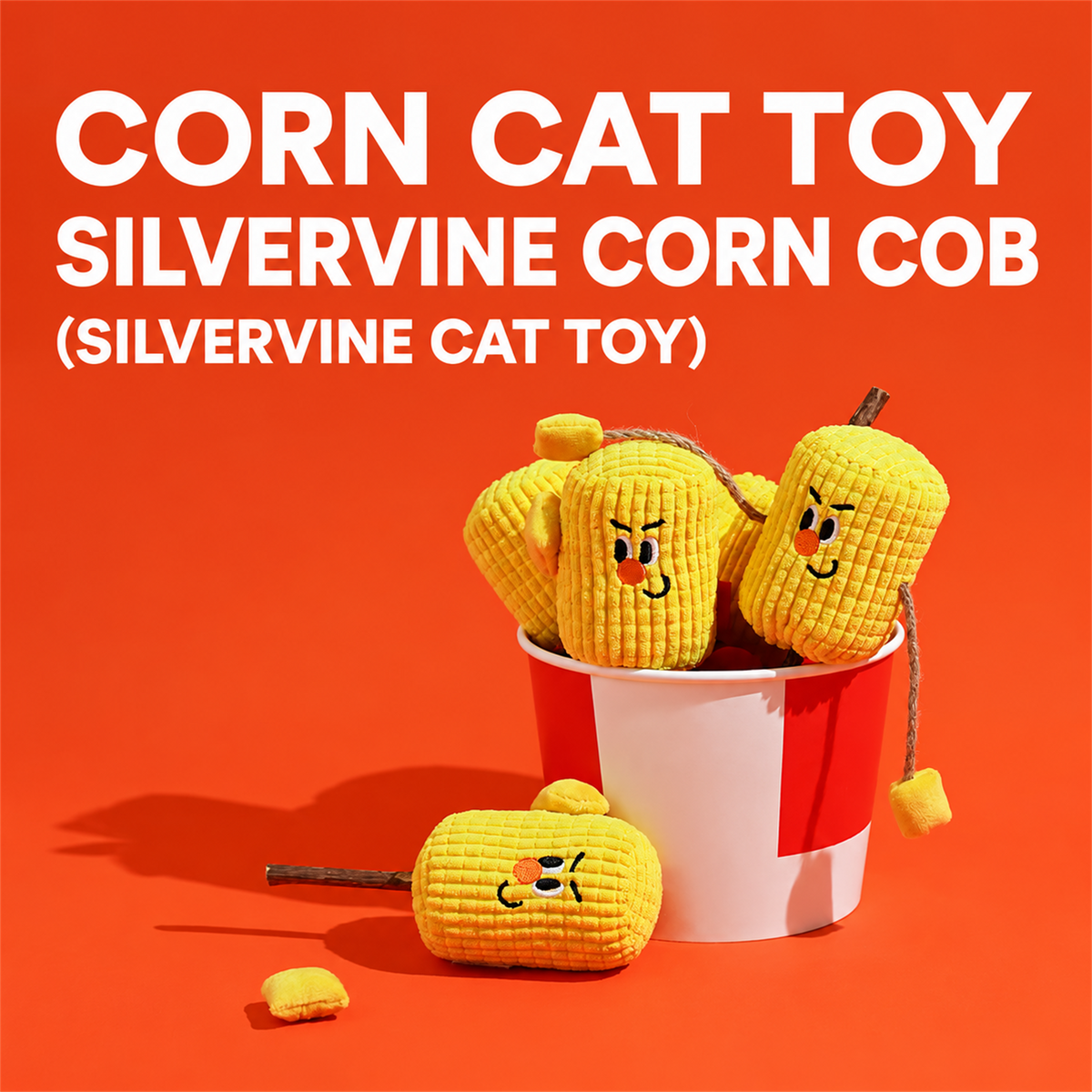 Silvervine corn cob cat toy with a soft plush body and playful face