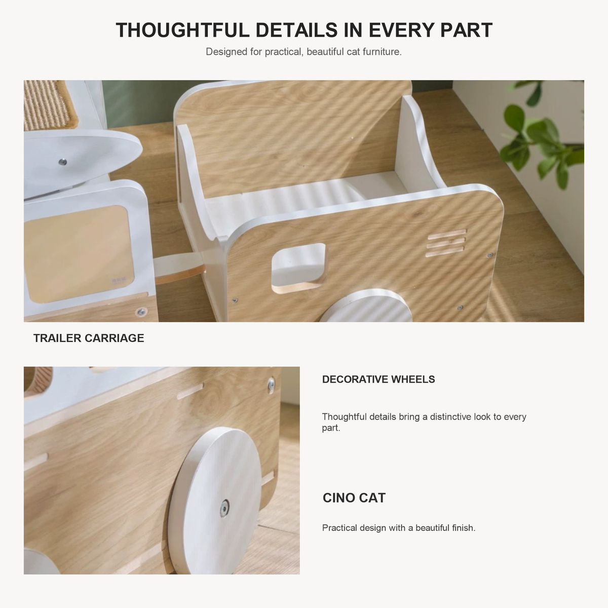 English corrected wooden cat train furniture detail with trailer carriage and wheels
