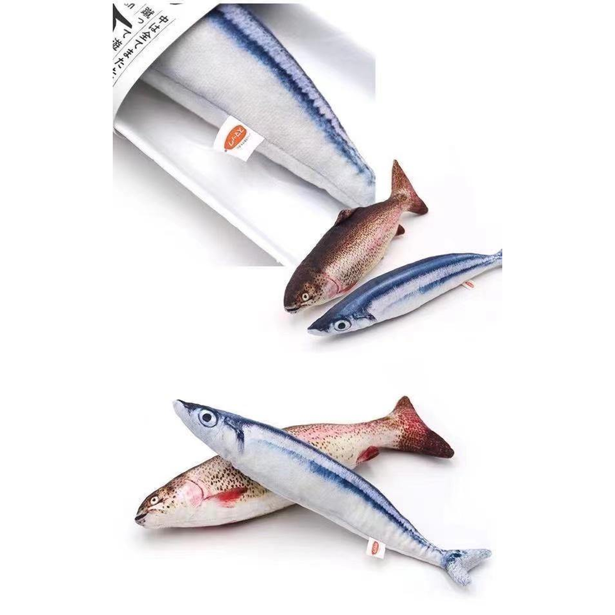Catnip fish toy product variety on a white background [Gallery: English Info]
