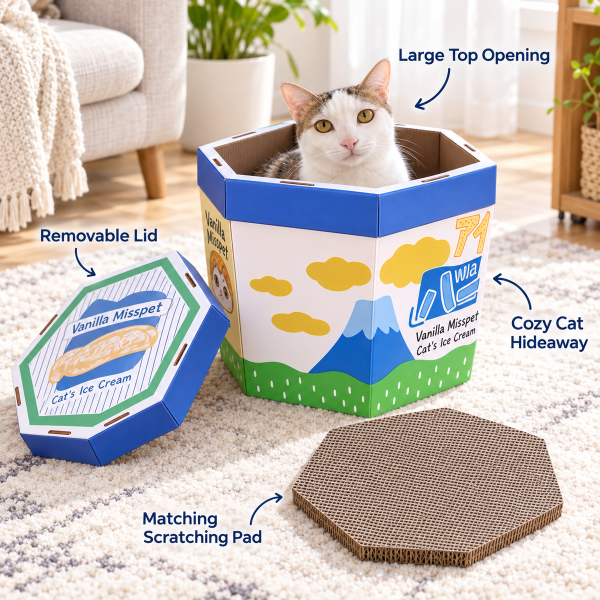 Misspet Ice-cream Box Cat Scratcher - large top opening, removable lid and scratching pad