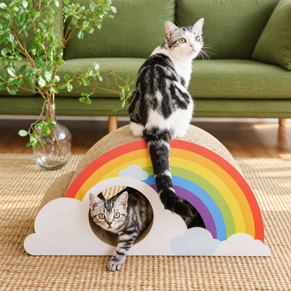 Revised | Rainbow Cat Scratcher Cardboard 2-in-1 Multifunctional Cat Scratcher Lounge Bed Cat Scratching Pad for Indoor Cats as Furniture Protector Cat Training Toy gallery image 04 | square composition