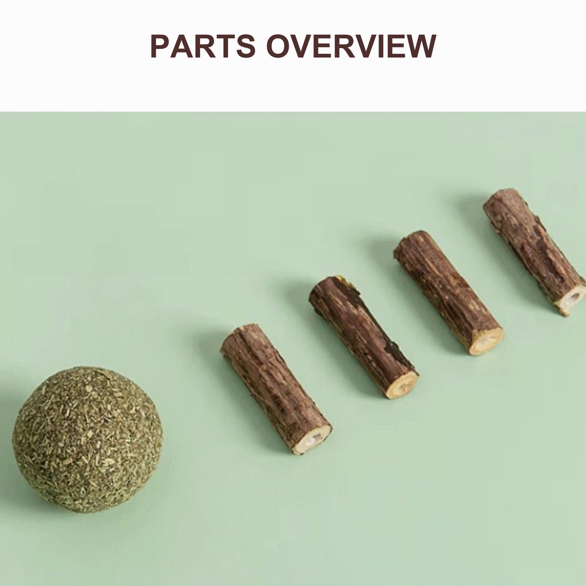 Silvervine sticks and a catnip ball shown as toy components