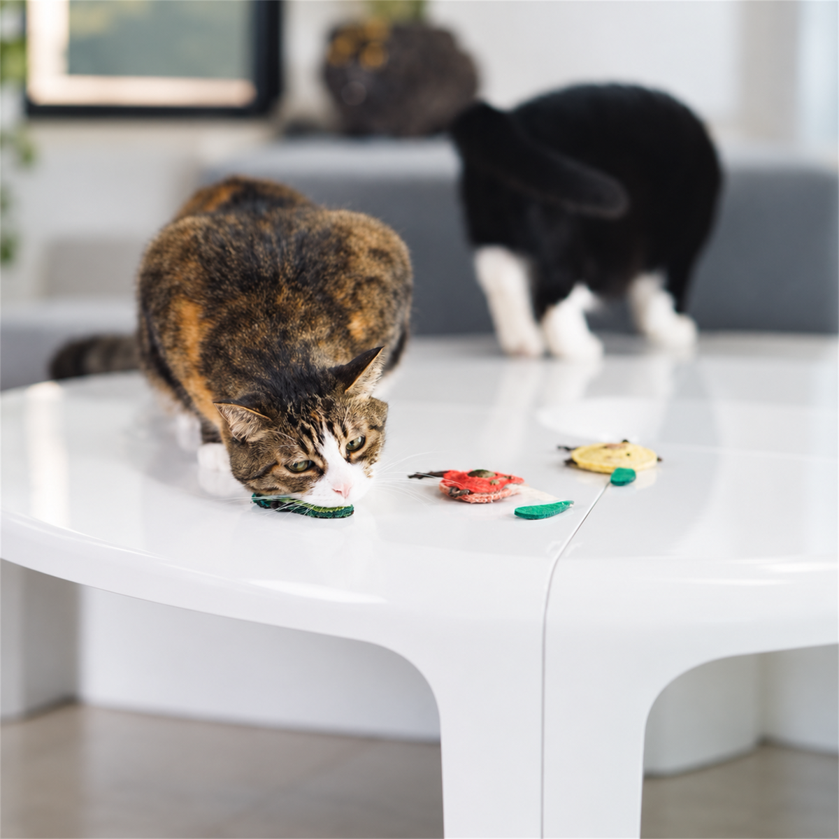 Cat playing with food-shaped matatabi cat dental toys on a table