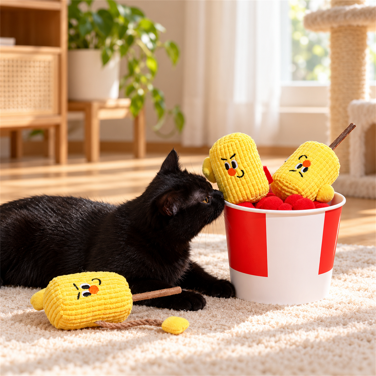 Black cat playing with silvervine corn cob cat toys in a bright home setting