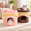 Merry Pet fleece cake cat house beds in Pink and Cocoa Brown in a bright home setting