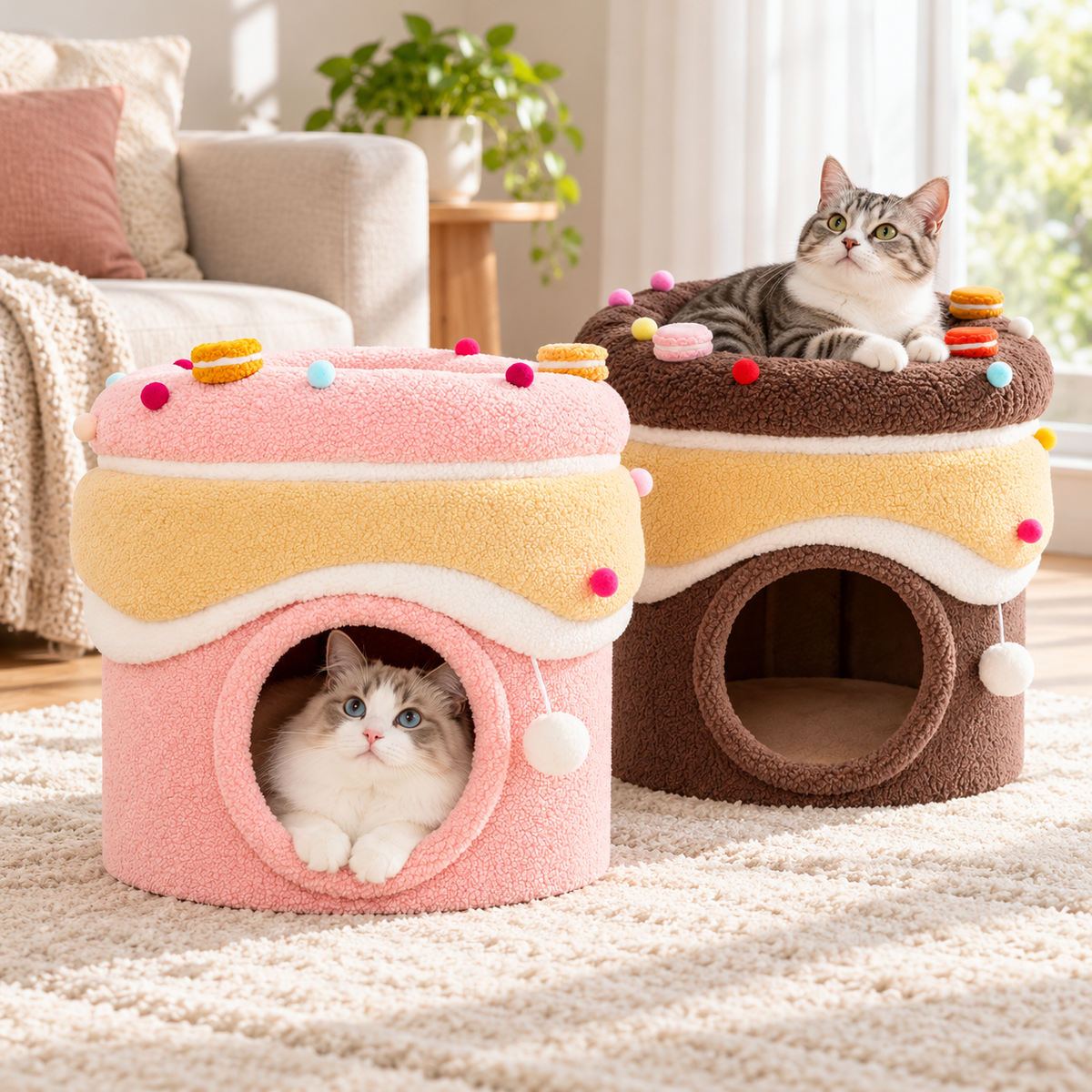 Merry Pet fleece cake cat house beds in Pink and Cocoa Brown in a bright home setting