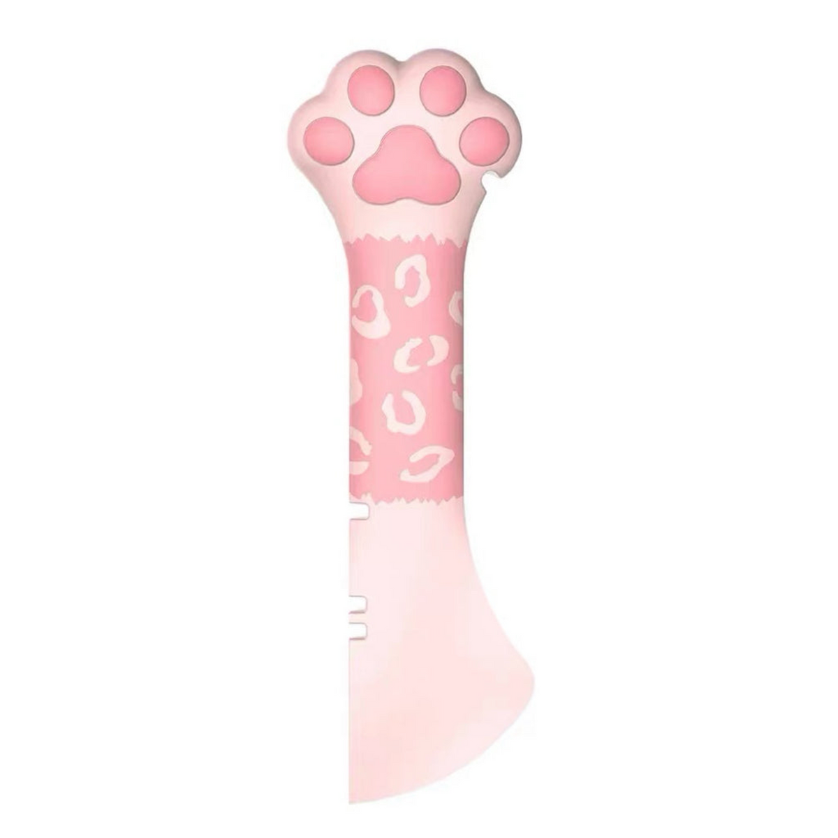 Pink paw-shaped manual pet food can opener on a white background