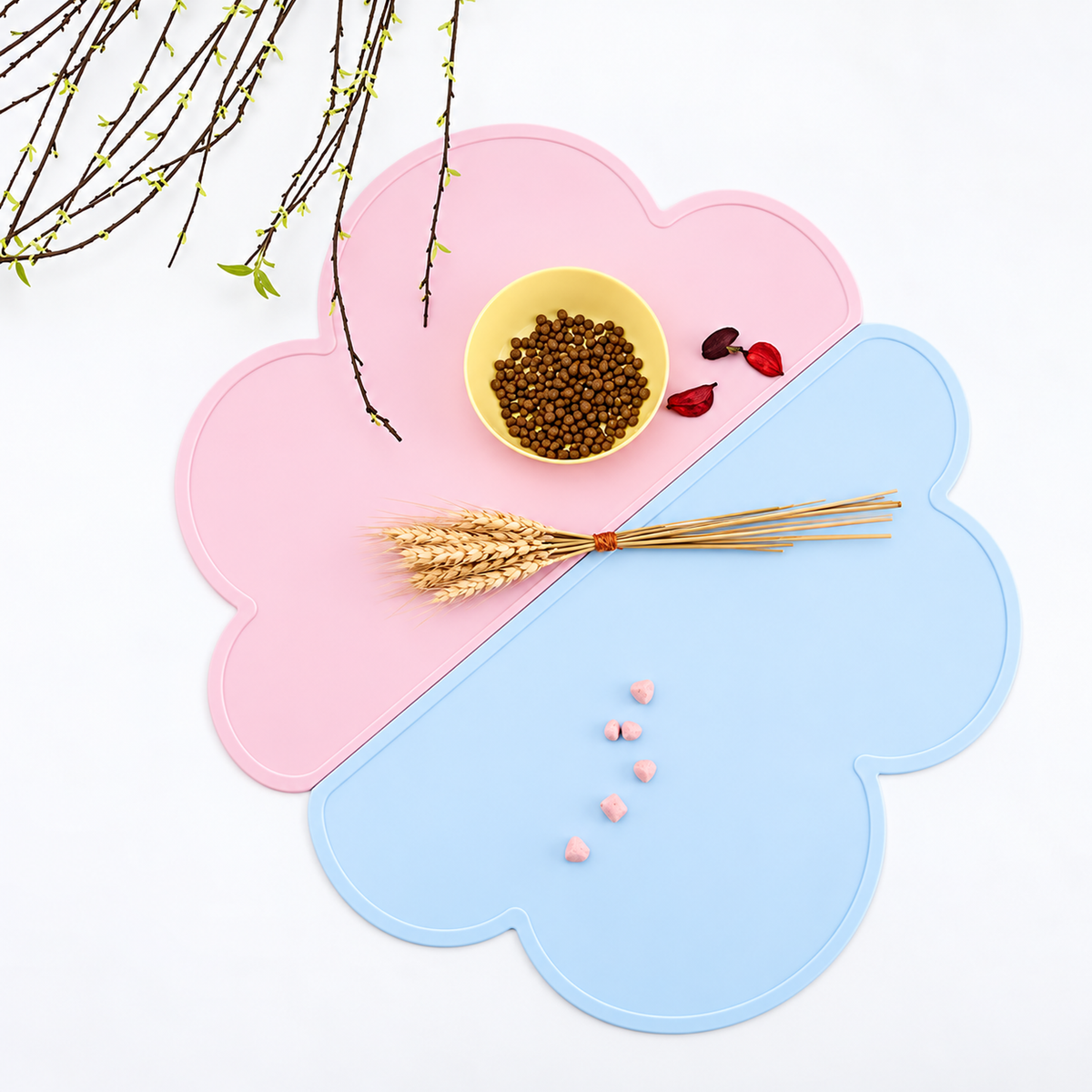 Revised lifestyle image of silicone pet bowl mats with pet food and grains