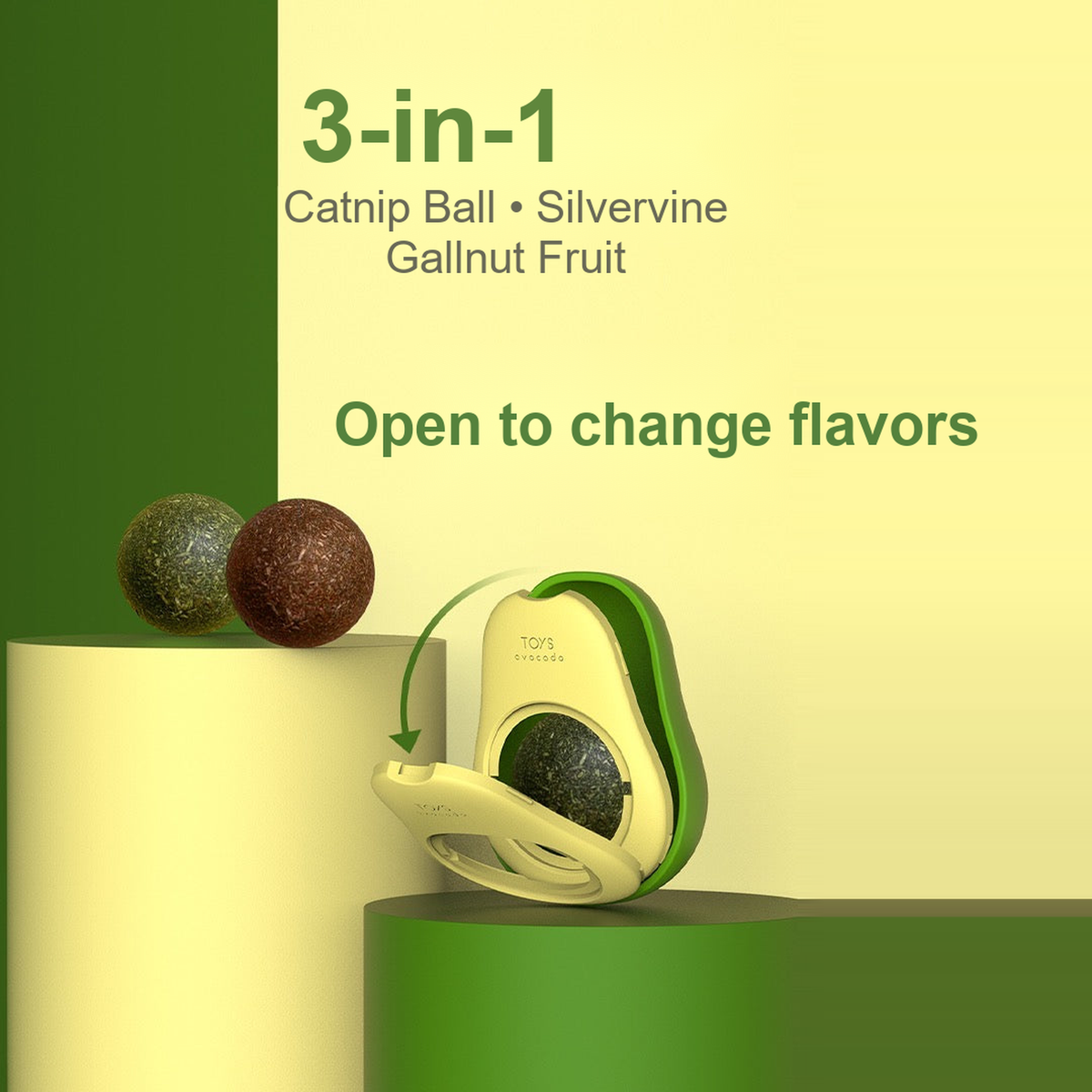Avocado catnip ball toy with interchangeable catnip, silvervine and gallnut balls