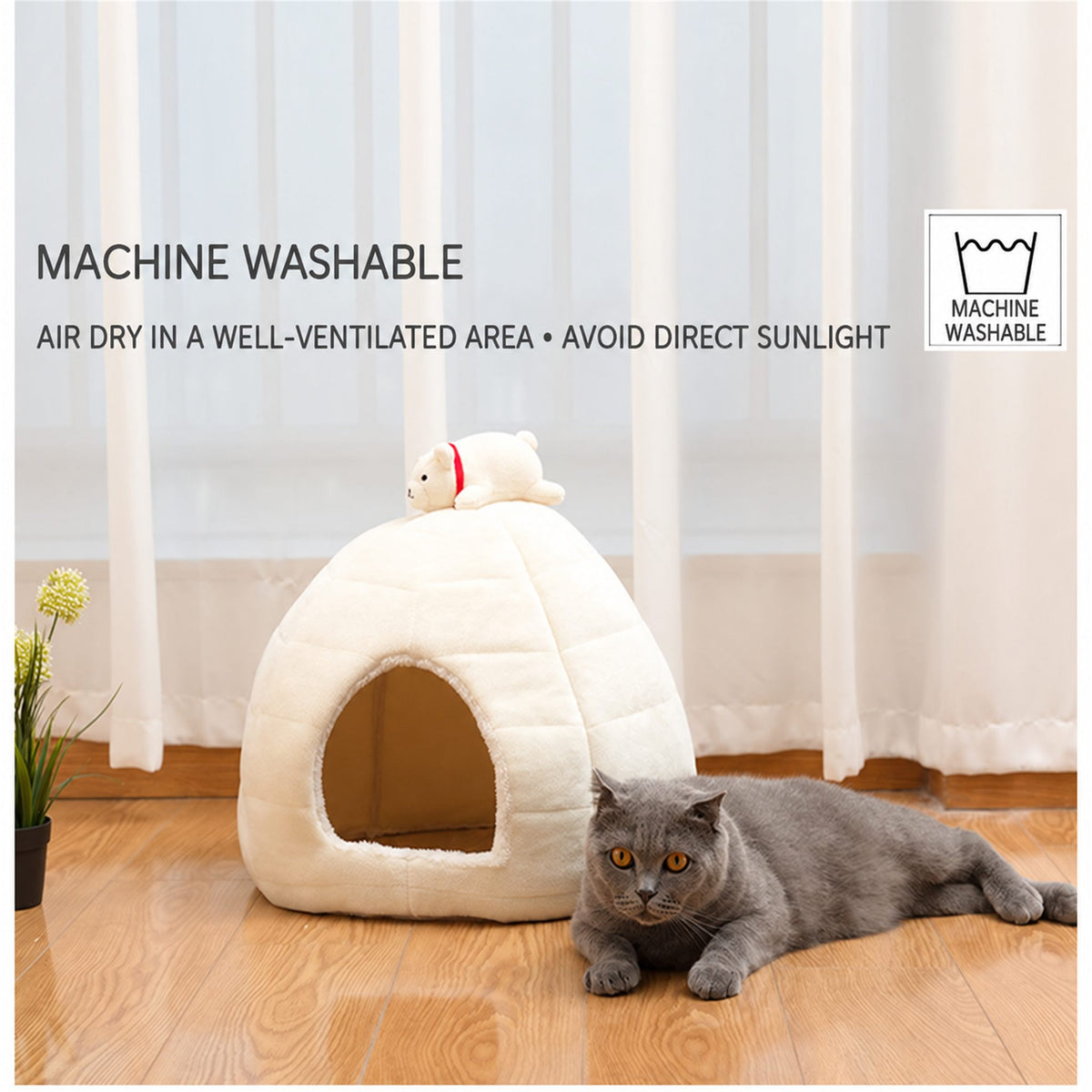 Machine washable white polar bear igloo cat bed with care instructions