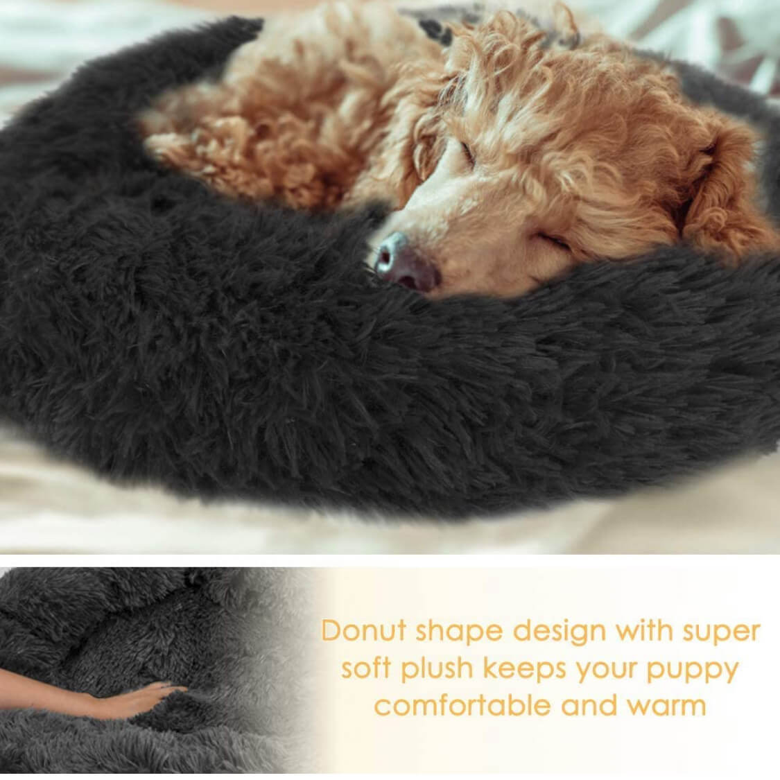 JAMBOREE dark long-haired donut pet bed with a sleeping puppy