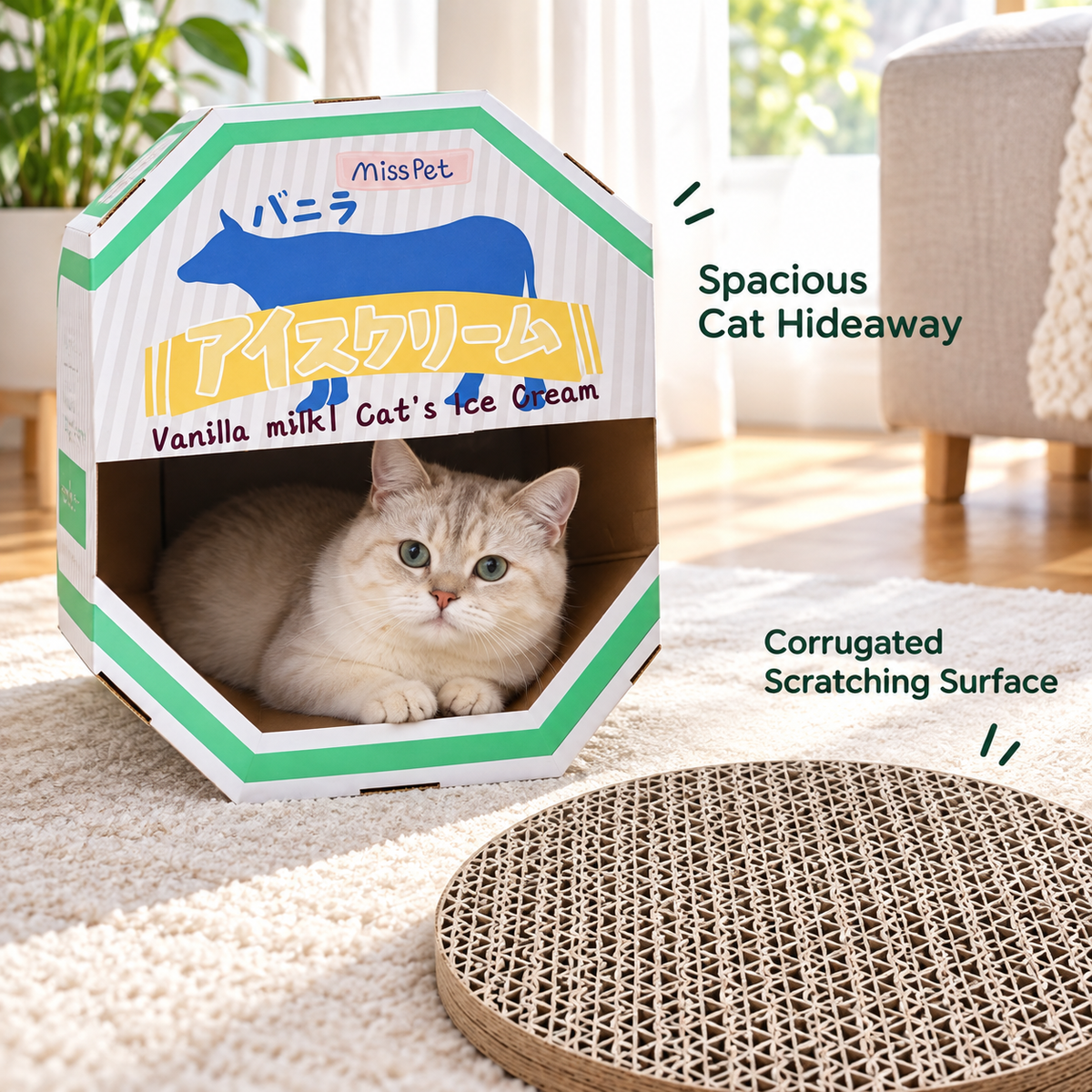 Misspet Ice-cream Box Cat Scratcher - spacious hideaway and corrugated scratching surface