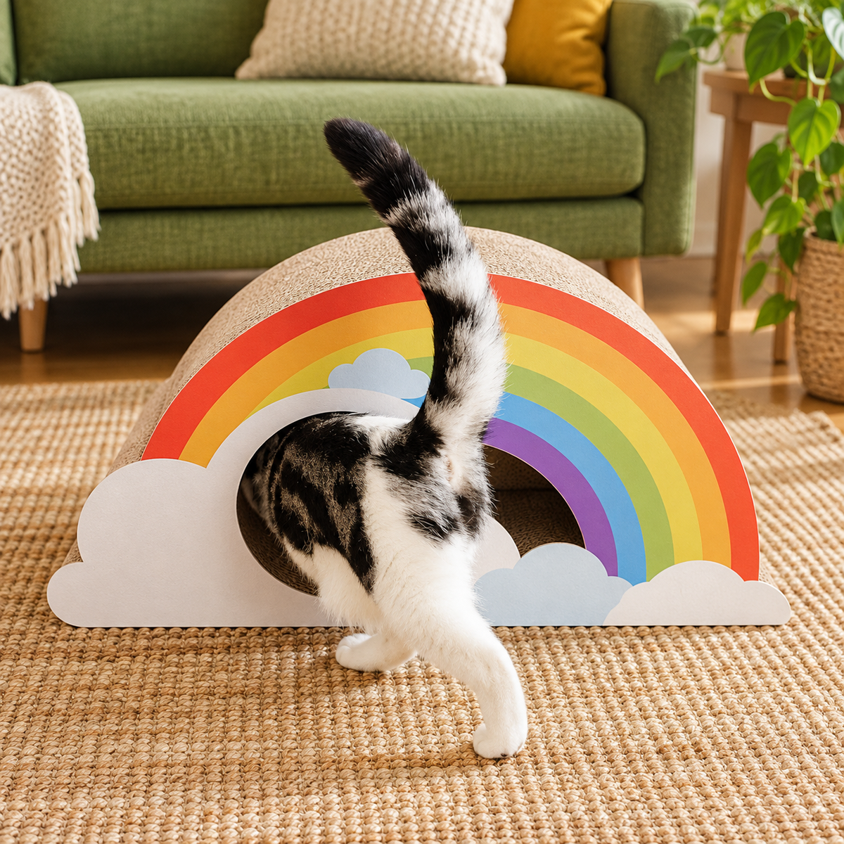 Revised | Rainbow Cat Scratcher Cardboard 2-in-1 Multifunctional Cat Scratcher Lounge Bed Cat Scratching Pad for Indoor Cats as Furniture Protector Cat Training Toy gallery image 05 | square composition