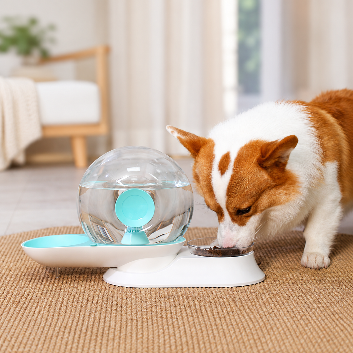 Dog using the AIWO aqua pet water fountain and feeder at home [Lifestyle scene]