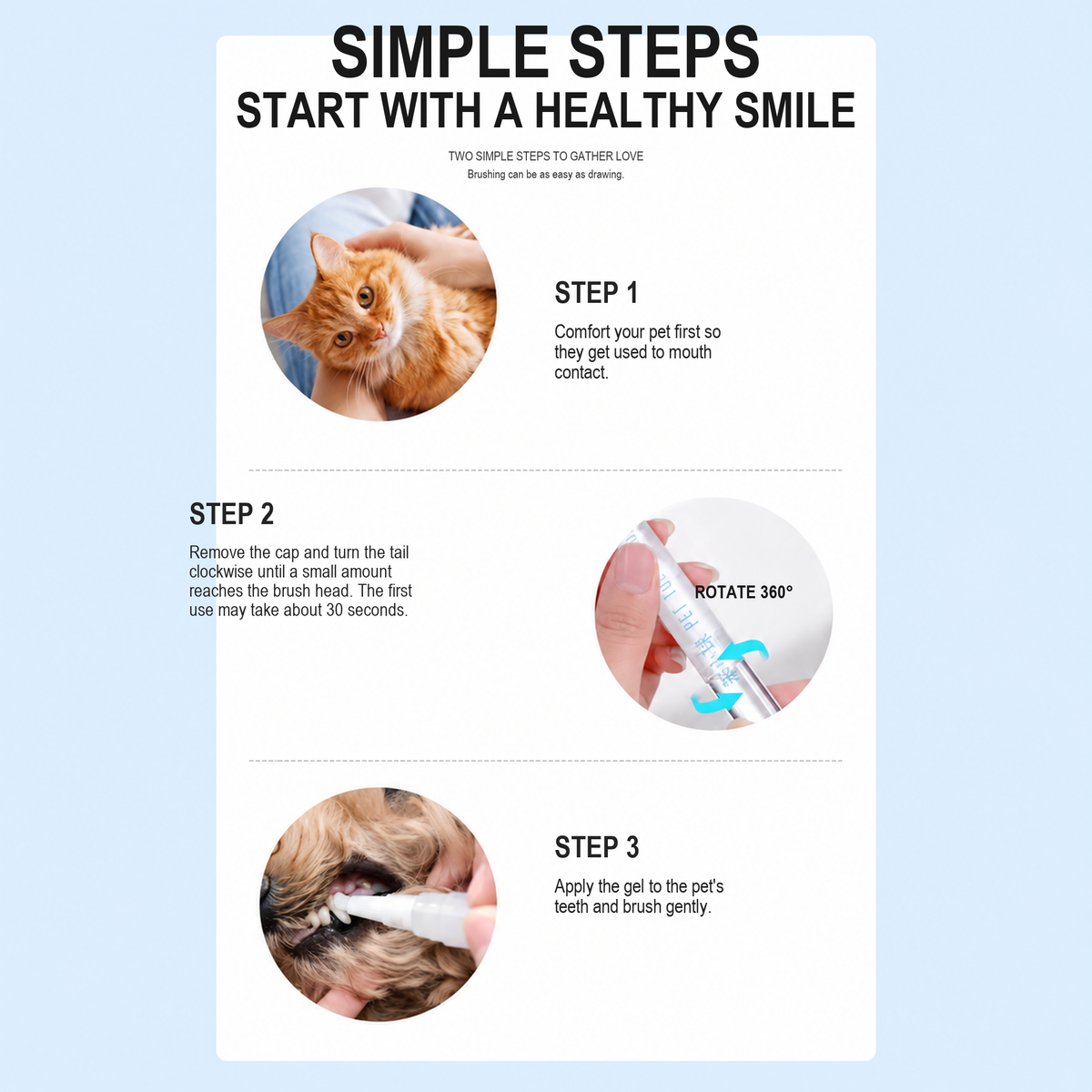Pet dental gel applicator step-by-step use instructions