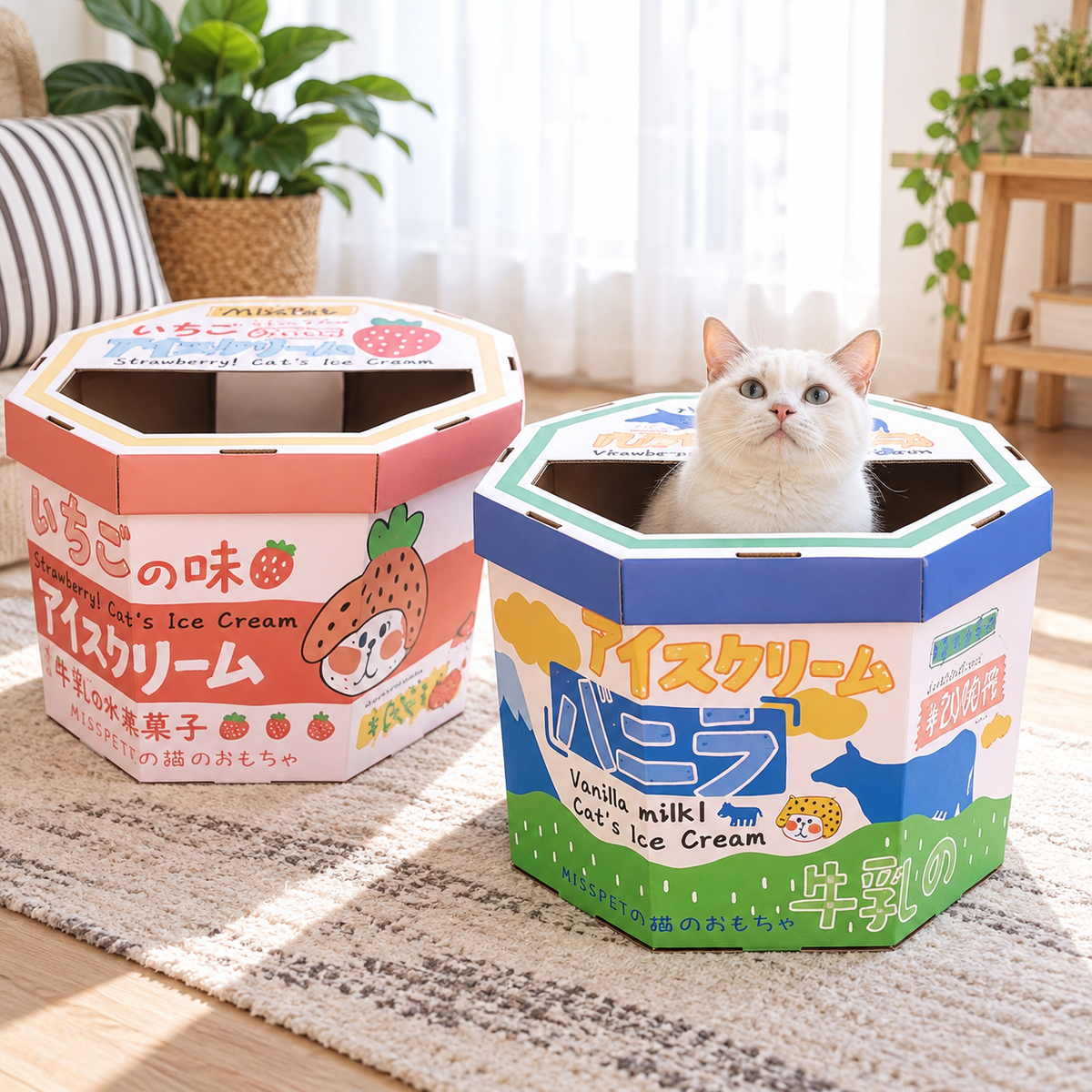 Misspet Ice-cream Box Cat Scratcher - blue and pink variants in a living room with cat