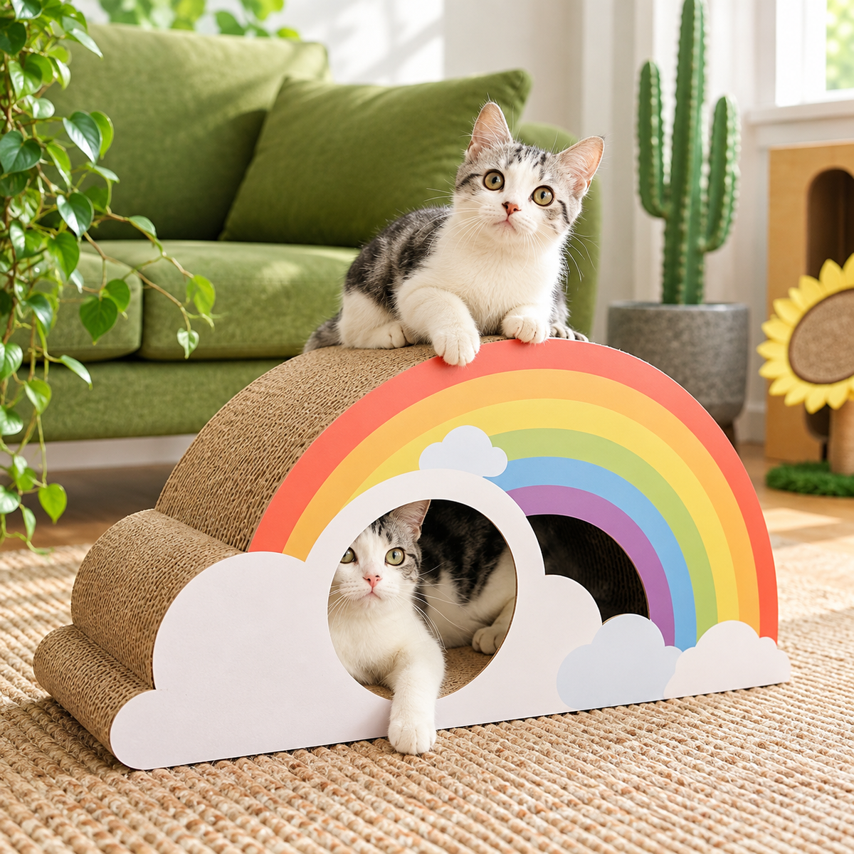 Revised | Rainbow Cat Scratcher Cardboard 2-in-1 Multifunctional Cat Scratcher Lounge Bed Cat Scratching Pad for Indoor Cats as Furniture Protector Cat Training Toy gallery image 06 | square composition