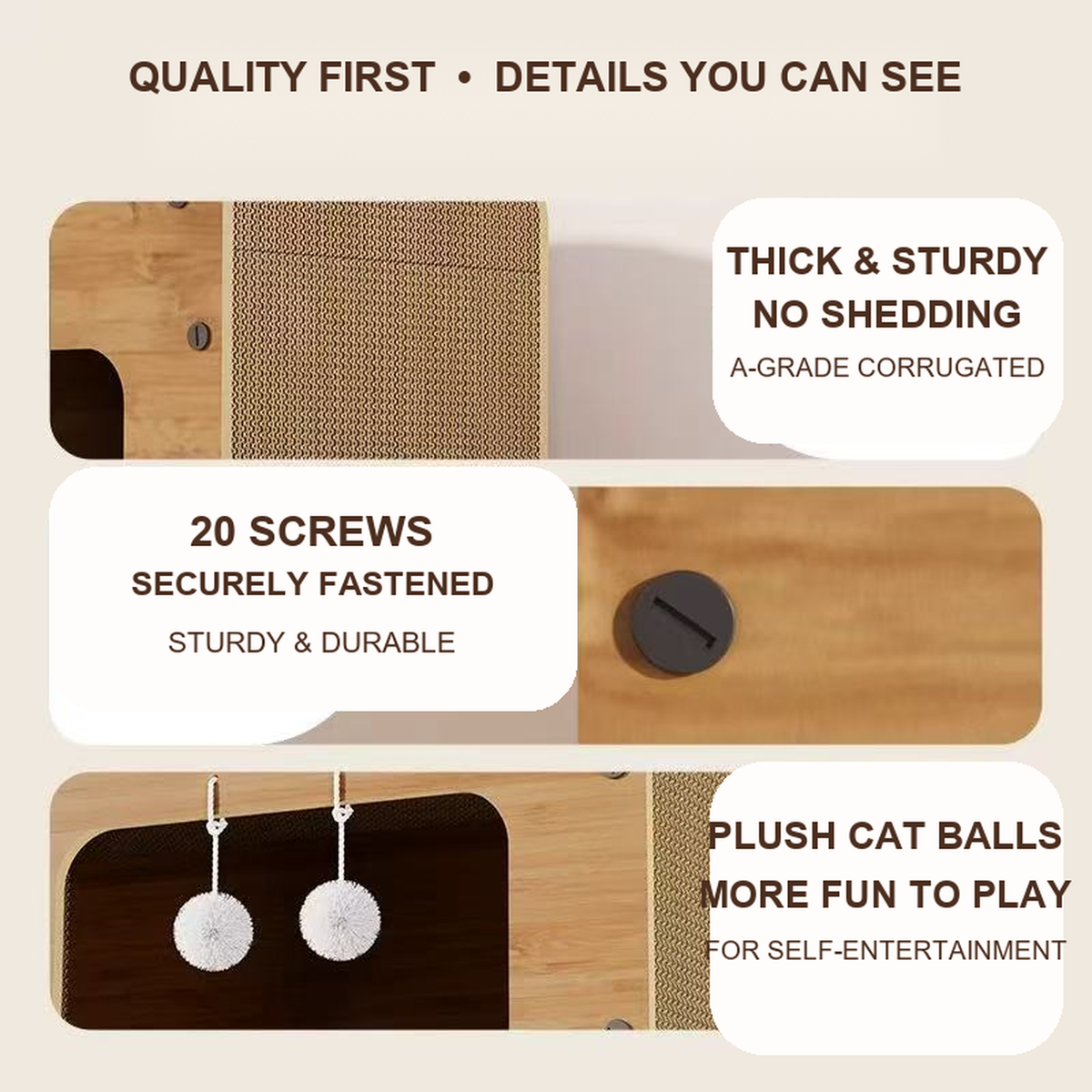 Cat scratcher lounger hanging pom-pom toy detail [Gallery: Details]