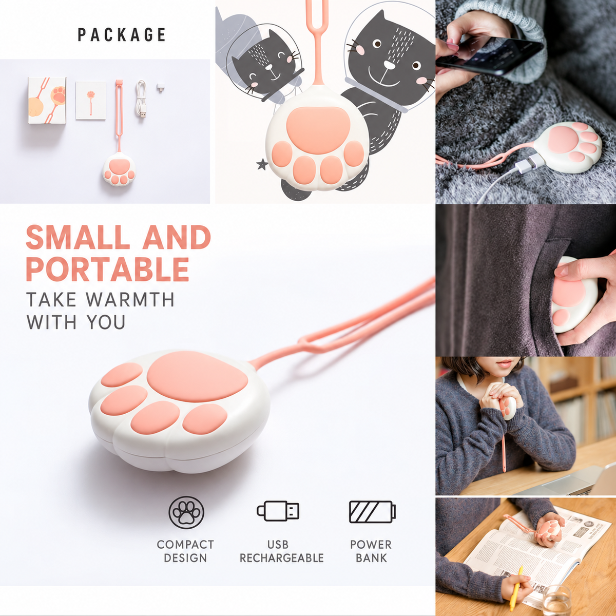 Cat paw rechargeable hand warmer package and accessories - module 06