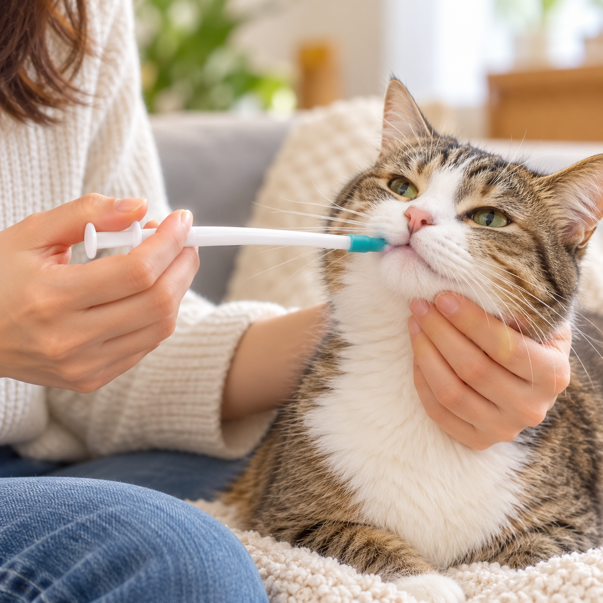 Pet pill dispenser used gently with a cat at home