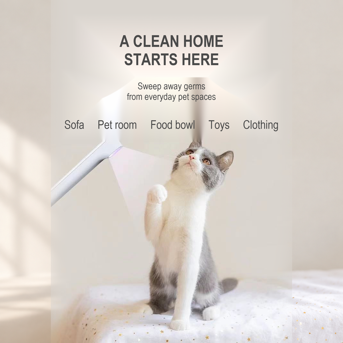 UV-C sterilizer shown for everyday pet spaces with a cat, English translated square detail image