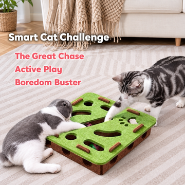 Retro Felt Play Station: The Smart Cat Challenge | source media 35047194394786 | content-safe square revision | TEXT_LAYOUT_REBUILD | textLayer=transparent-overlay | backgroundMode=scene-outpaint | 20260920-v1