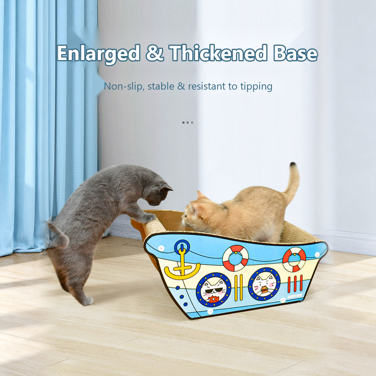 Cats playing beside the Deku ship cat bed with a sturdy base, English details [Gallery: Shared]