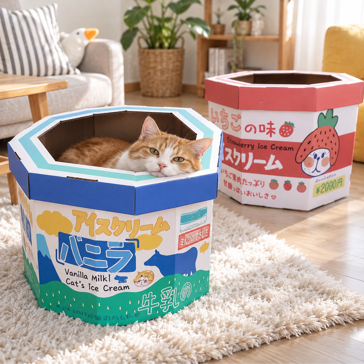 Misspet Ice-cream Box Cat Scratcher - cat resting in blue box with pink variant nearby